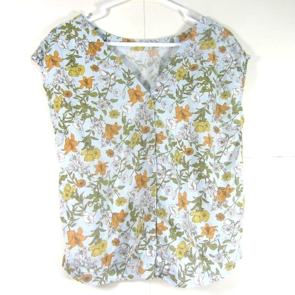 Cynthia Rowley Women Top Small Blue Floral Whimsical Boho Rayon Blouse Button